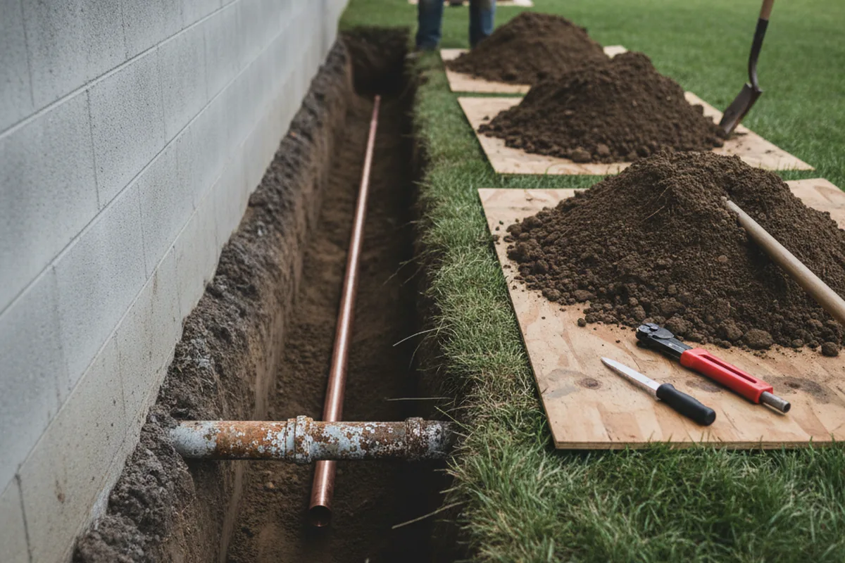 Excavated water line trench during Water Heater Repair in Old Fort
